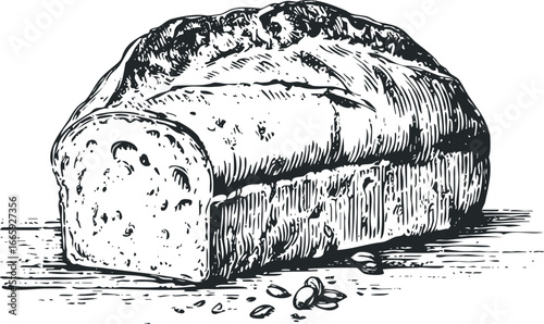 Rustic loaf of bread with visible seeds and texture on wooden surface