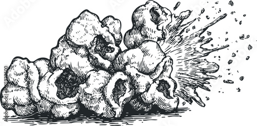 Detailed ink sketch of popcorn exploding in a dynamic burst