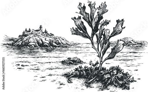 Coastal scene with lighthouse and kelp
