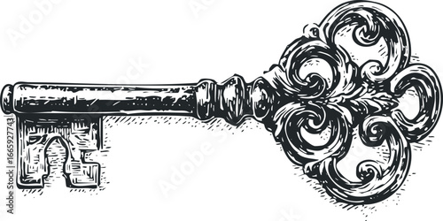Ornate vintage key with intricate scrollwork and elaborate bit
