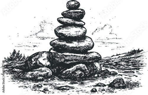 Balanced stone cairn monument with natural textured stones and water in sketch style
