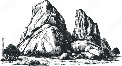 Sketch of rocky mountain peaks with sparse vegetation and ground cover