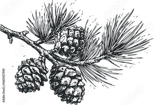 Hand Drawn Pine Branch with Cones and Needles