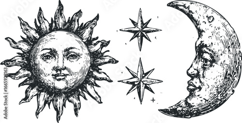 Vintage Style Celestial Sun, Moon, and Star Imagery