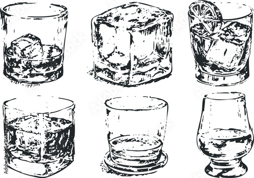 Six hand-drawn sketches of alcoholic drinks in various glass types