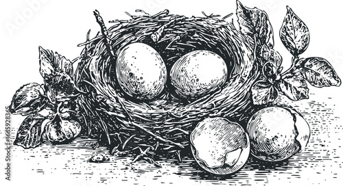 Bird nest with eggs and broken shell among foliage