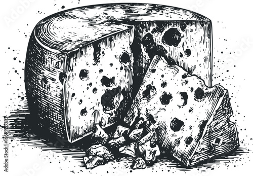 Vintage Style Illustration of Swiss Cheese Block with Crumbs