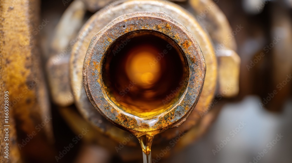 A close-up of a metallic pipe with brown liquid dripping from it, showcasing rust and wear, indicative of age and possibly industrial use. A close-up of a metallic pipe with brown liquid dripping from it, showcasing rust and wear, indicative of age and possibly industrial use.