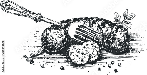 Vintage Ink Drawing of Sausage and Dumplings with Fork and Peppercorns