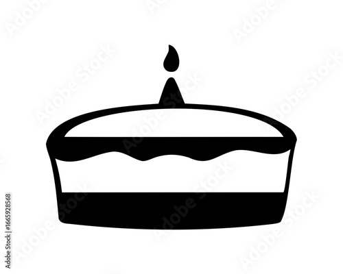 Monochrome birthday cake with frosting and candle isolated on white background