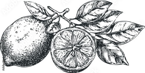 Hand drawn black and white sketch of a whole lemon and a sliced lemon with leaves