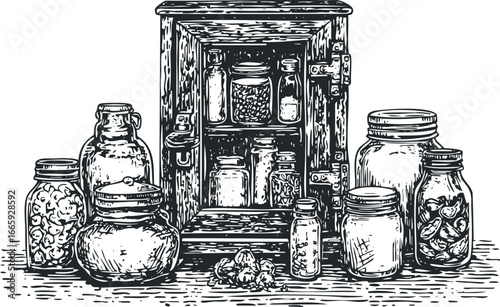 Vintage wooden cabinet filled with various glass jars of preserves and dried goods