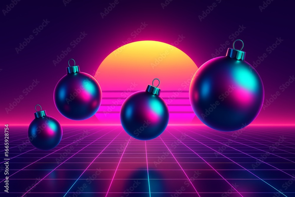 Obraz premium Retro Christmas ornaments in neon vaporwave landscape