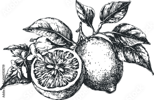 Hand drawn sketch of fresh lemons with leaves and blossoms