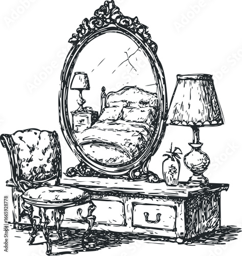 Vintage Dressing Table with Mirror and Chair Sketch Reflection