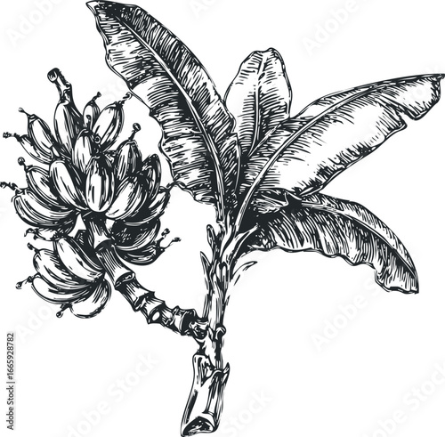 Detailed sketch of a banana plant with a cluster of ripe fruit and large leaves