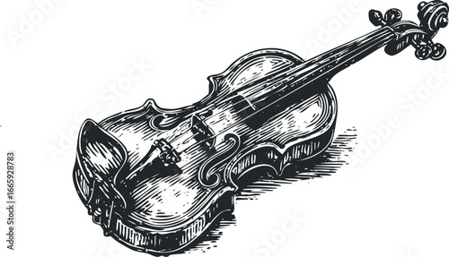 Engraved Violin with Scroll Headstock and F-Holes Isolated on White