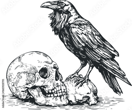 Raven perched on a human skull and fragments in scratchboard style