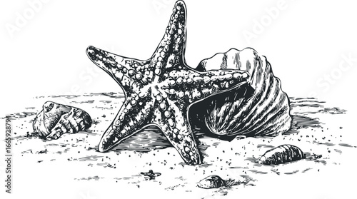 Detailed ink drawing of a starfish resting on sand with seashells and pebbles