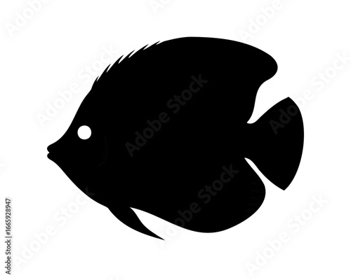Black silhouette of a fish with white eye on a white background