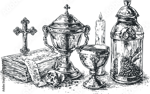 Sacred ritual objects including ornate chalice, cross, burning candle, and ornate container with fruit