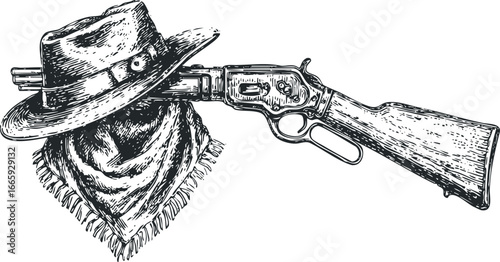 Vintage Western Cowboy Hat and Rifle with Bandana