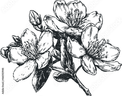 Detailed ink sketch of flowering plant branches with buds and open blossoms