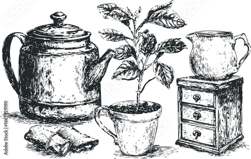 Vintage kitchen still life with teapot pitcher and plant