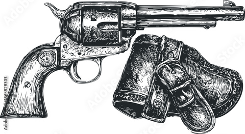 Vintage western revolver and leather holster in a detailed line art style