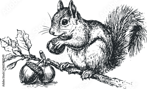 Detailed sketch of a squirrel holding an acorn while perched on an oak branch with acorns and leaves