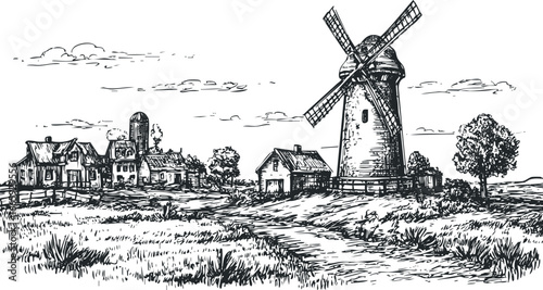Country farmhouse landscape with a windmill and silo in a sketched style
