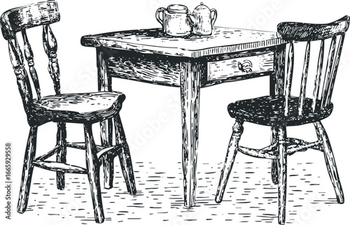 Hand Drawn Table with Two Chairs and Teapots