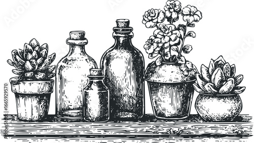 Vintage glass bottles and potted succulents on a wooden shelf