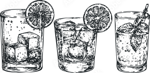 Hand Drawn Refreshing Beverages with Ice and Citrus Slices