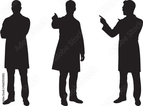 Three doctors in lab coats showing different poses in silhouette for medical concepts