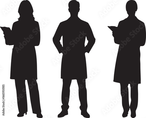 Silhouette of medical professionals in lab coats standing for healthcare concepts