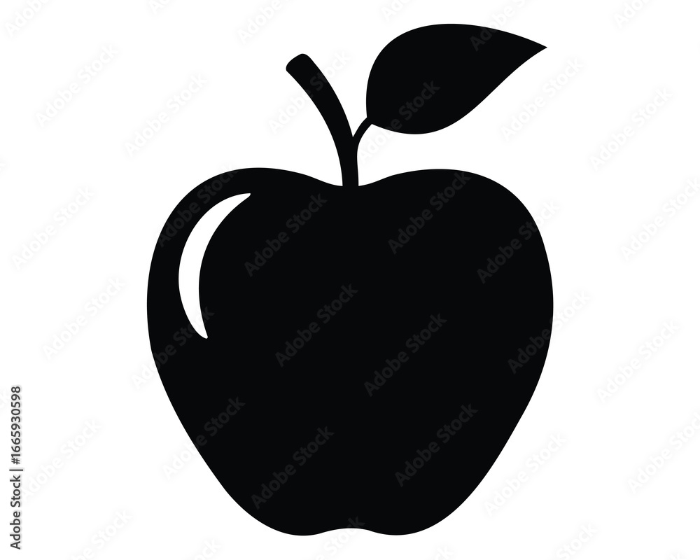 Fototapeta premium Simple Black and White Apple Illustration with Glossy Highlight and a Leaf