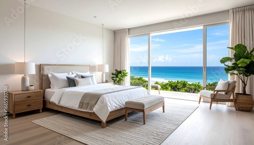 Modern coastal bedroom with ocean view