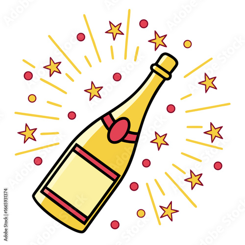 Champagne bottle popping with confetti and stars isolated on white background isolated on transparent background