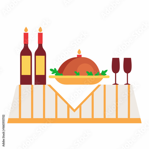 Festive christmas dinner table with turkey wine and candles isolated on white background isolated on transparent background