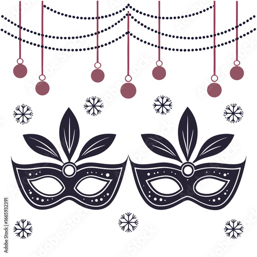 Elegant christmas masquerade ball invitation design with masks and gowns isolated on white background isolated on transparent background