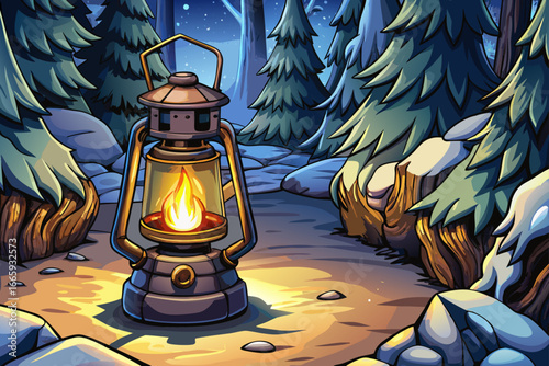 Lantern fire glowing in snowy forest path with frozen trees cartoon