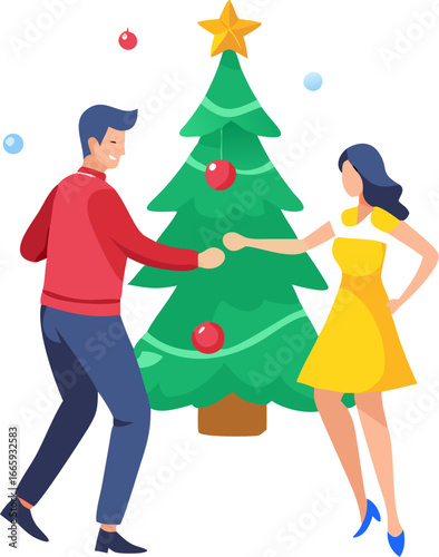 Joyful couple dancing near a decorated christmas tree isolated on white background isolated on transparent background