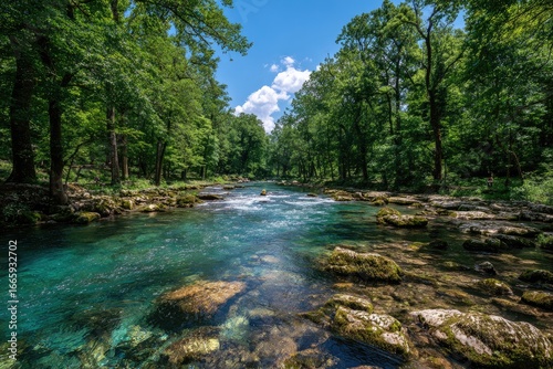 Crystal-clear river flowing through lush forest