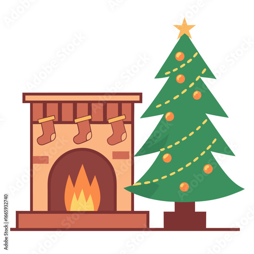 Cozy living room with fireplace and stockings isolated on white background isolated on transparent background