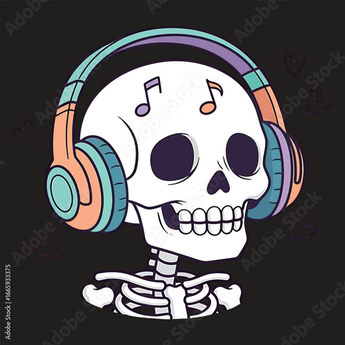 Cute Skeleton DJ Vector | K-pop Music Skull Clipart | Flat Sticker Illustration