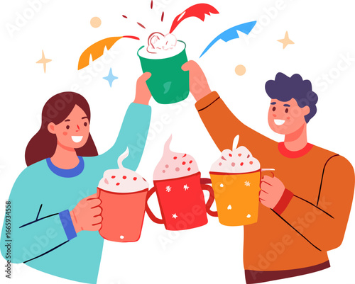 Friends clinking mugs of hot cocoa at a festive gathering isolated on white background isolated on transparent background