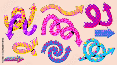 Vibrant arrow designs with retro playful patterns colors for creative projects - curved, twisted and spiral shapes decorated with stripes, stars, geometric checkered motifs for digital graphics