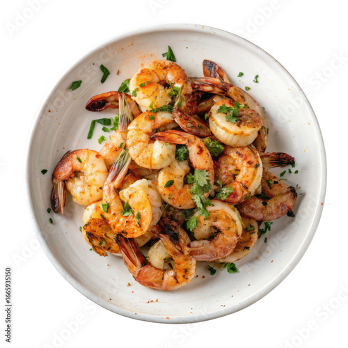 Delicious grilled shrimp with herbs isolated on transparent background