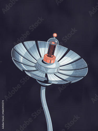 Communication Bloom: A mechanical flower with satellite dish petals and a glowing vacuum tube, symbolizing technological growth
